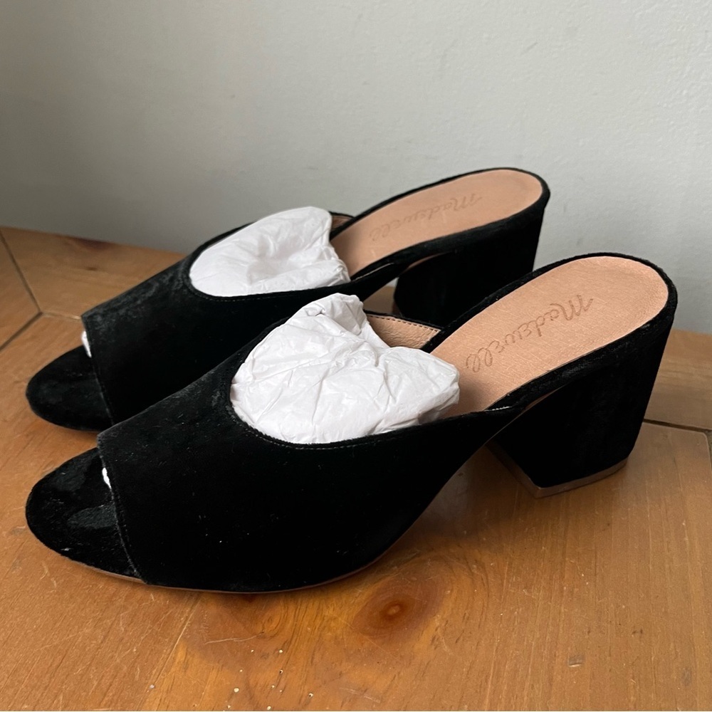 Madewell Women’s Beatriz Trendy Black Velvet Mules Open Toe Block Heel - Picture 4 of 12